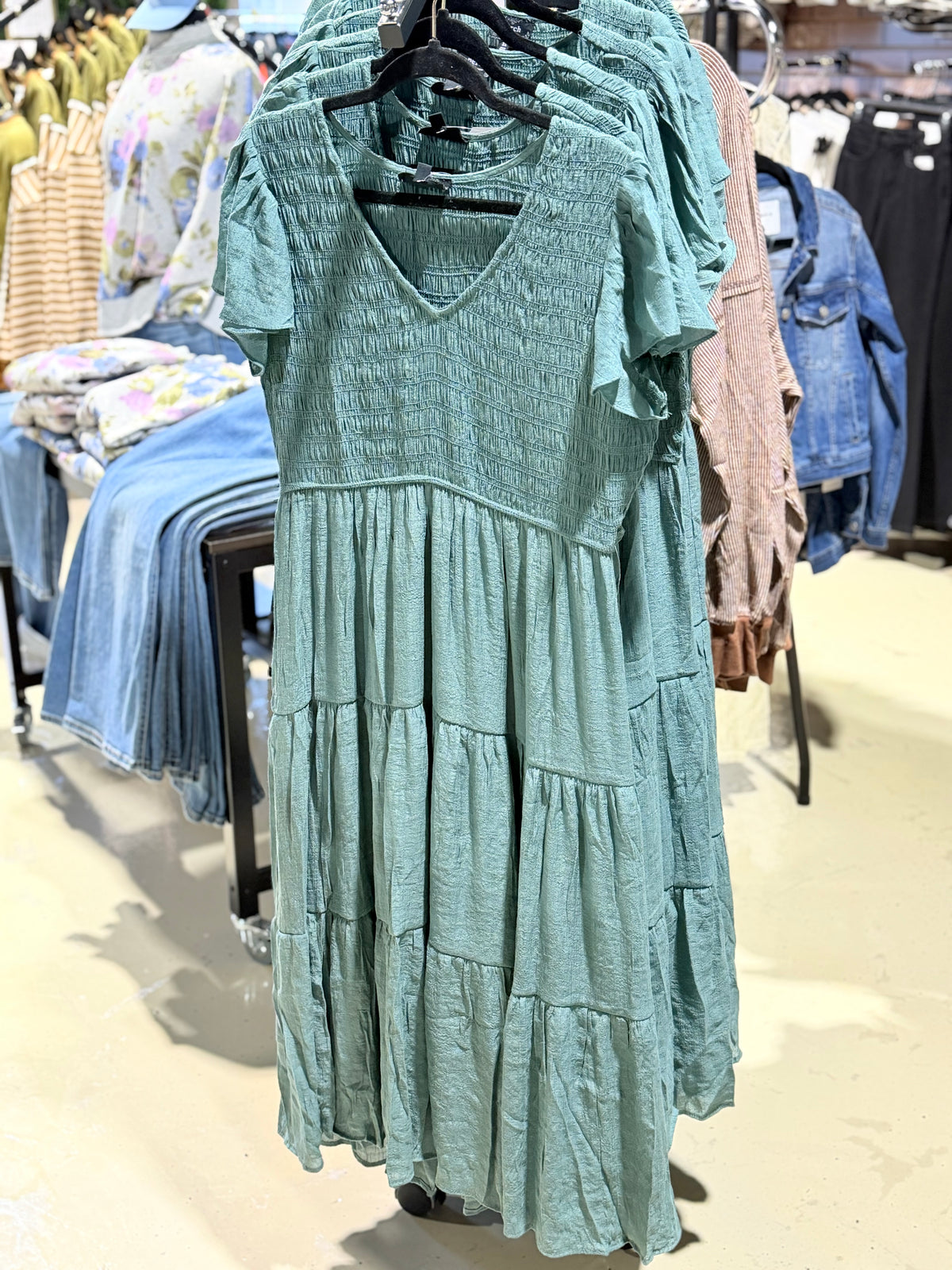 Pine Smocked Flutter Sleeve Midi Dress