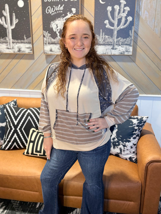 Oatmeal Floral + Stripes Lightweight Hoodie