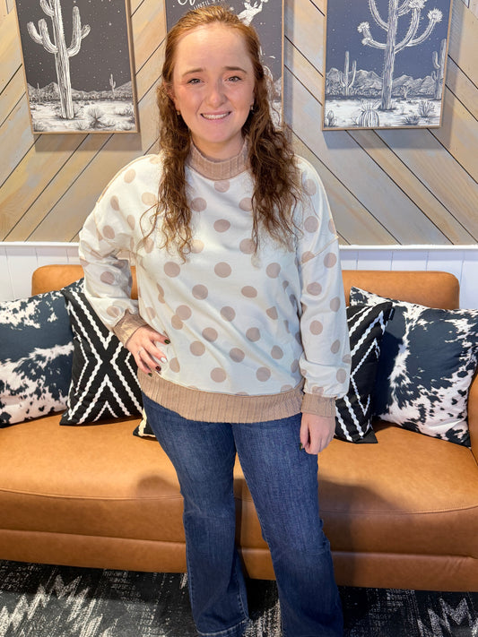 Ivory + Tan Polka Dot Long Sleeve Top