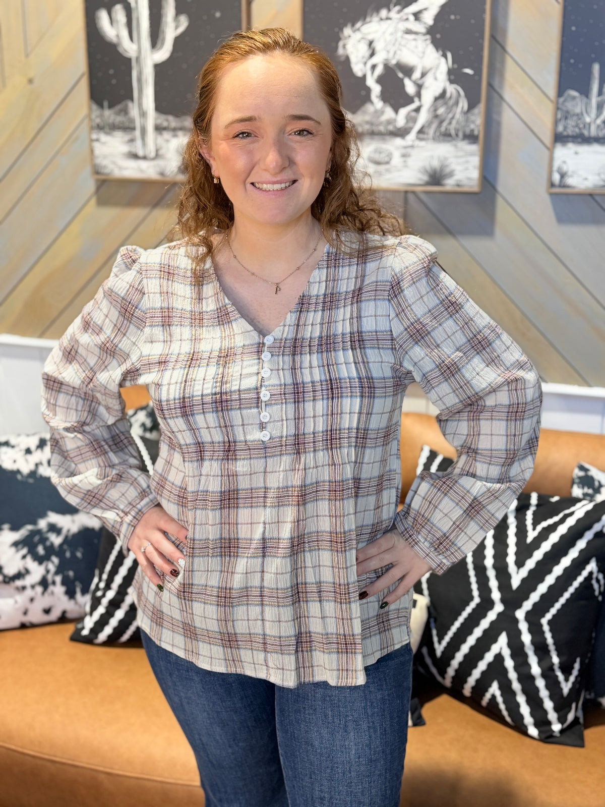 Oatmeal + Taupe Crinkle Plaid Button Blouse