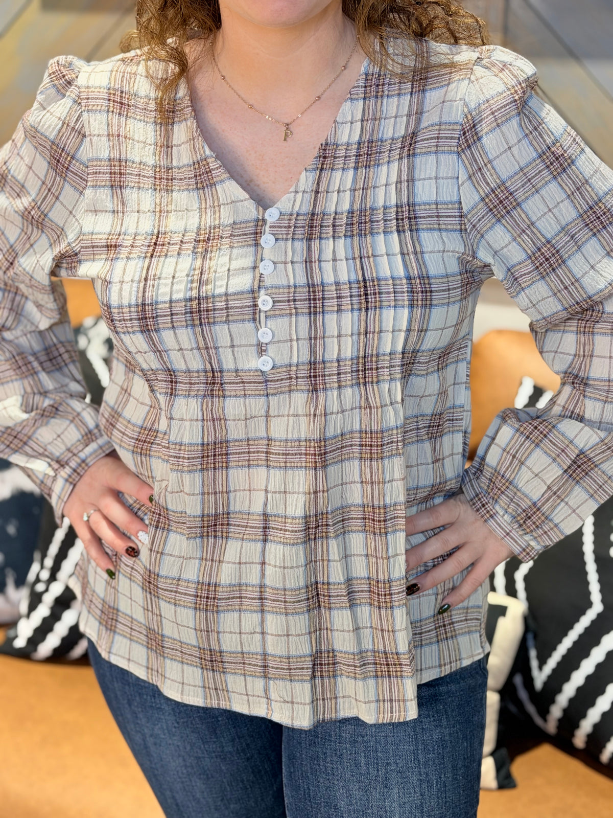 Oatmeal + Taupe Crinkle Plaid Button Blouse
