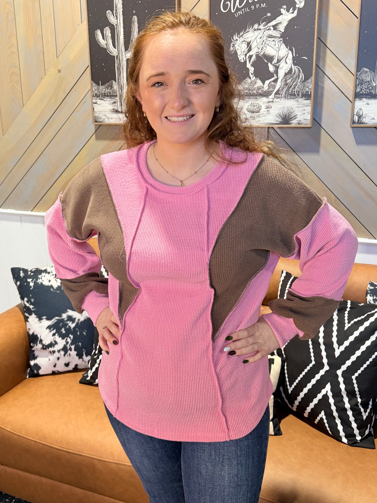 Pink + Brown Ribbed Colorblock Long Sleeve