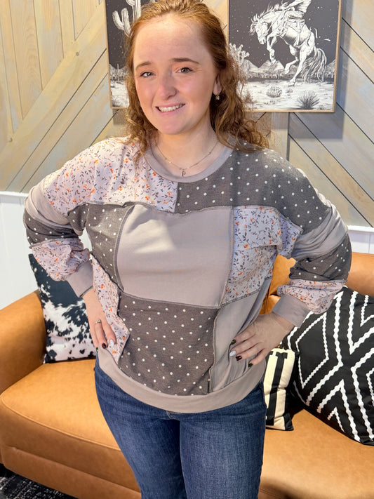 Dots + Flowers Patchwork Long Sleeve Top