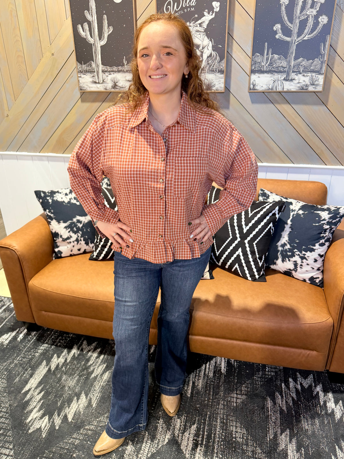 Chestnut Collared Check Babydoll Button Down Blouse
