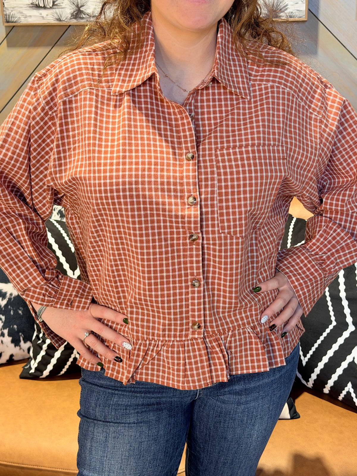 Chestnut Collared Check Babydoll Button Down Blouse