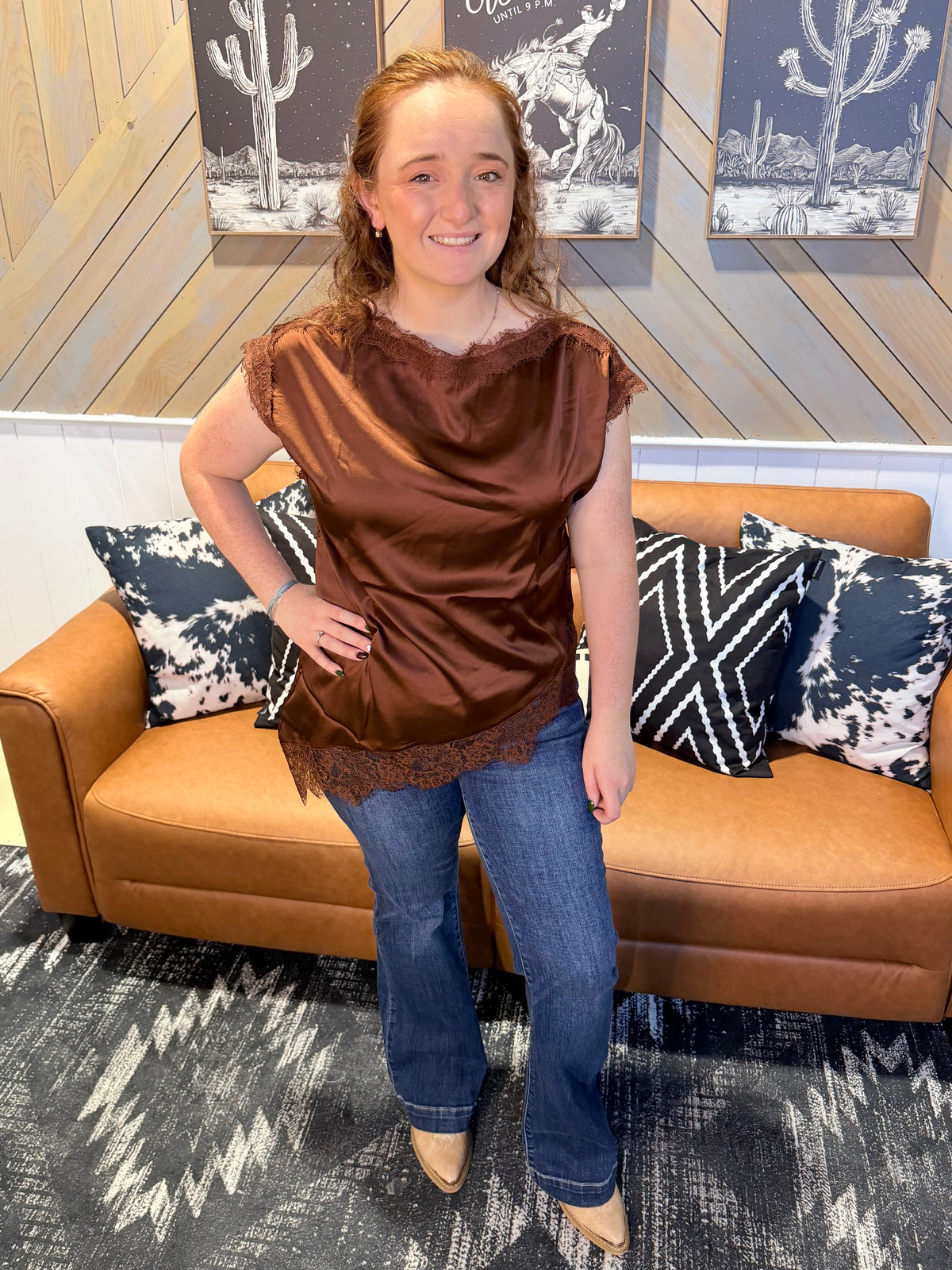 Brown Satin Lace Trim Asymmetric Top