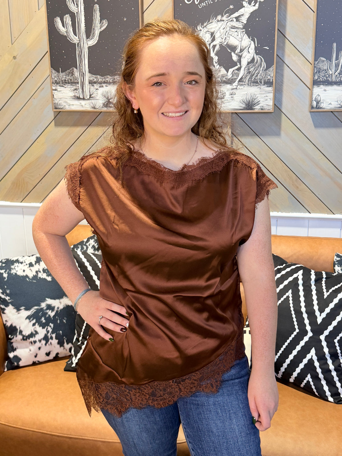 Brown Satin Lace Trim Asymmetric Top