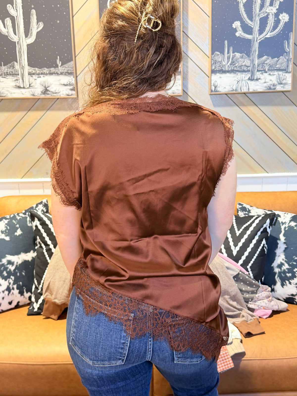 Brown Satin Lace Trim Asymmetric Top