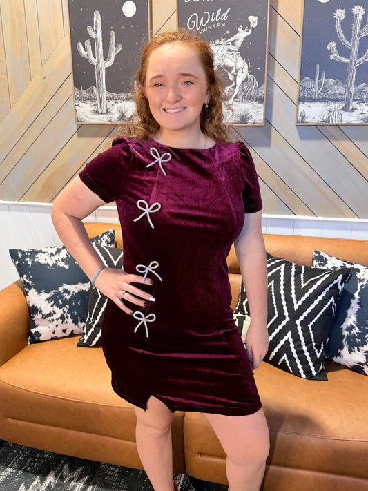 Wine Velvet Sequin Bow Dress