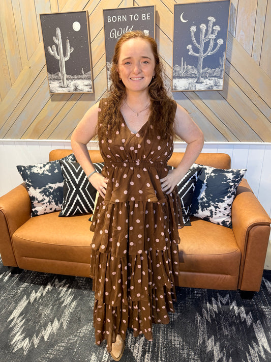 Brown + Pink Polka Dot Tiered Maxi Dress