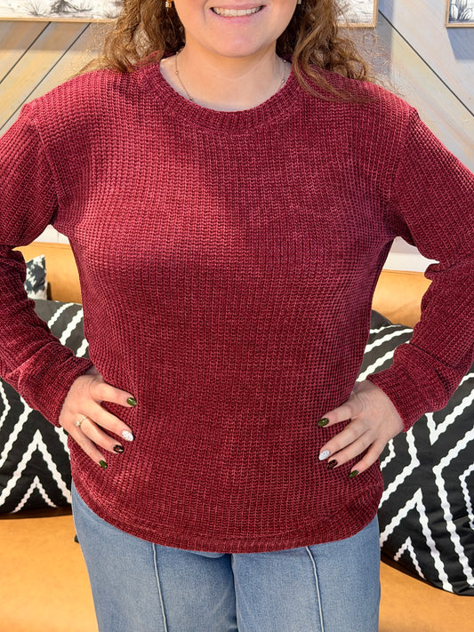 Burgundy Chenille Waffle Knit Sweater