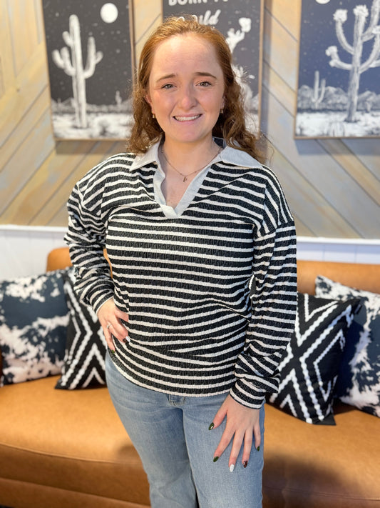 Black + Cream Collared Long Sleeve Top