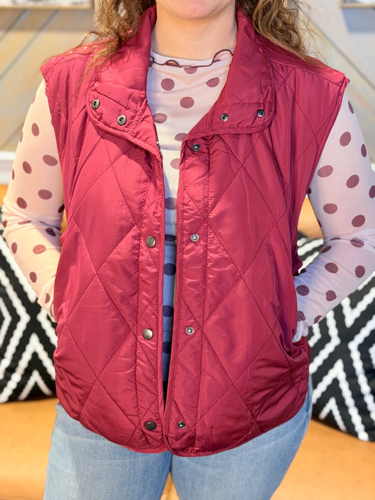 Burgundy Quilted Snap Button Vest