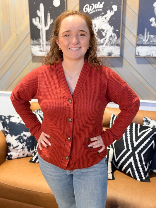 Rust Fuzzy Waffle Button Down Cardigan