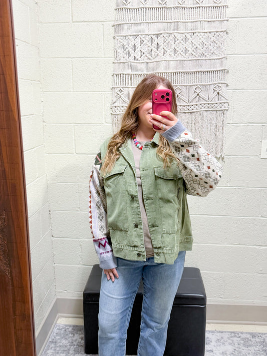 Olive Denim + Aztec Shacket