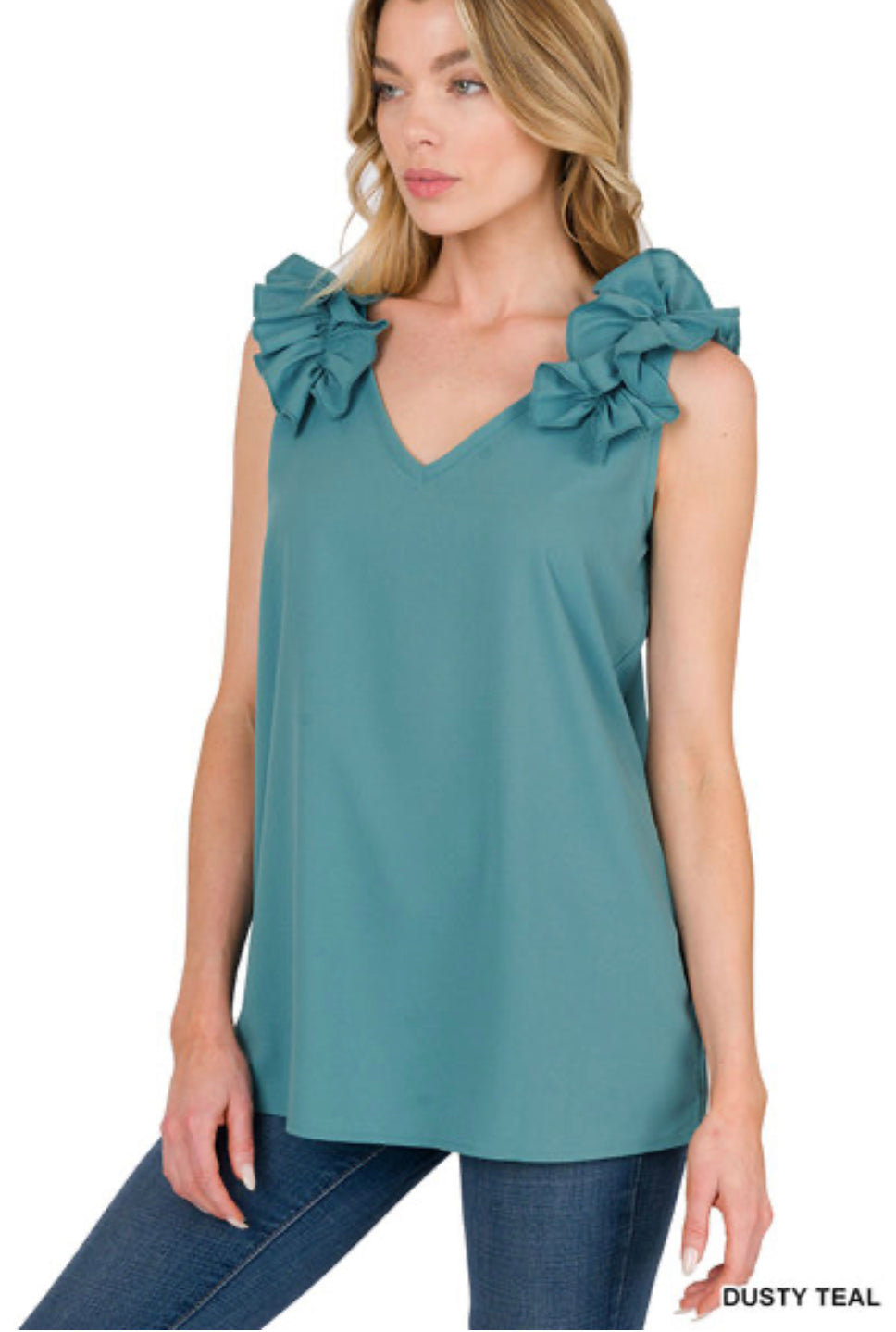 Dusty Teal Ruffle Detail Top