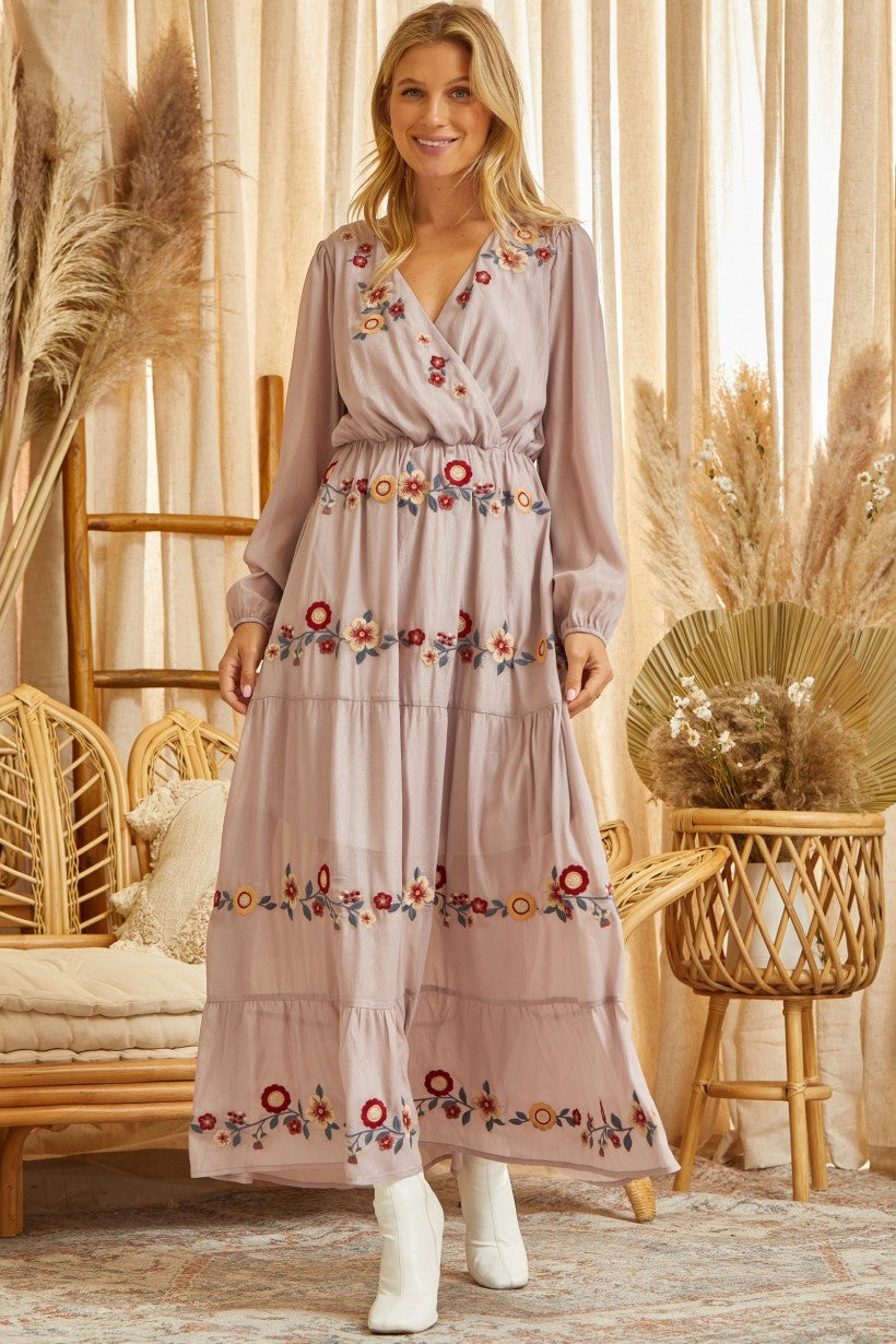 Mauve Shimmer Embroidered Maxi Dress