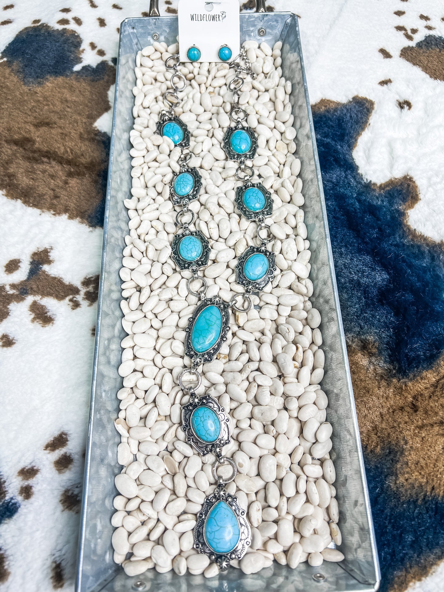 Turquoise Lariat Necklace + Stud Set