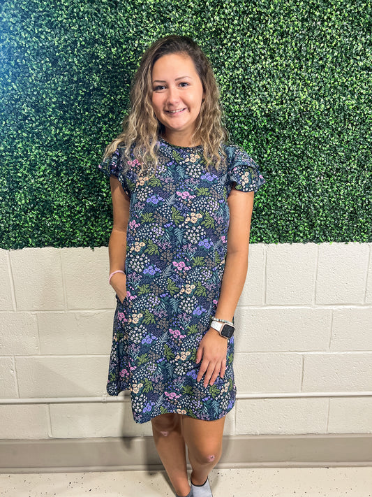 SMALL Navy Floral Ruffle Sleeve Dress