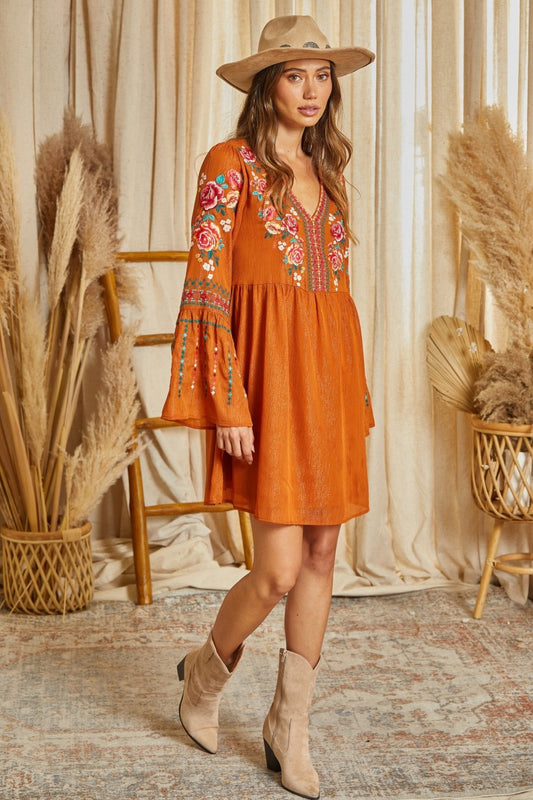 Rusty Shimmer Embroidered Dress