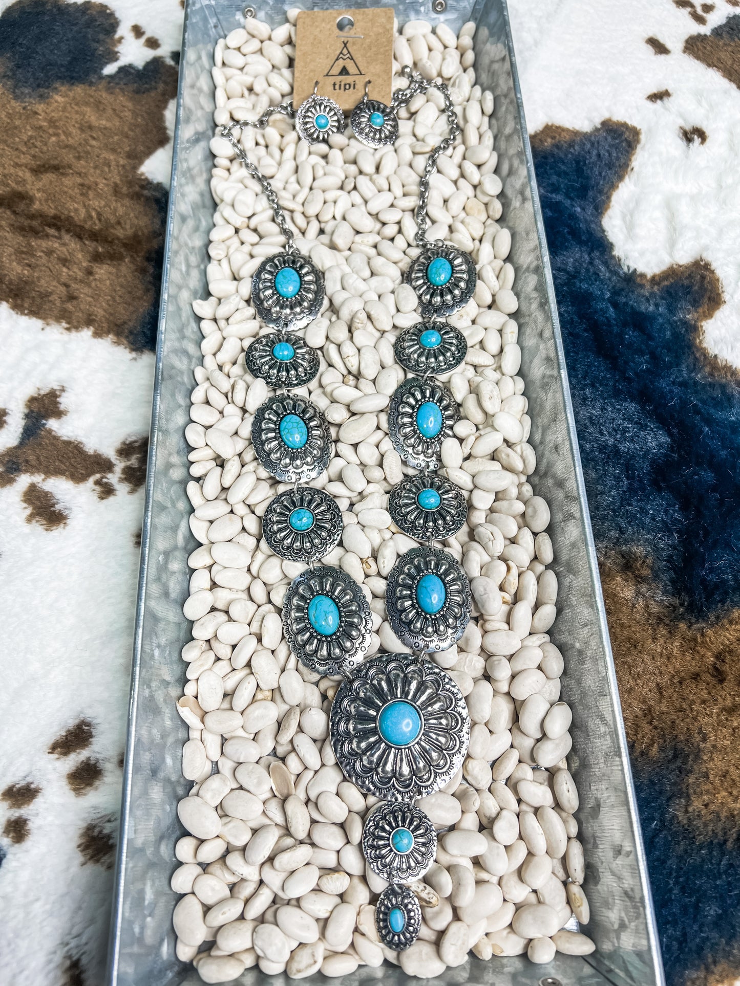 Turquoise Concho Lariat Necklace + Earrings Set