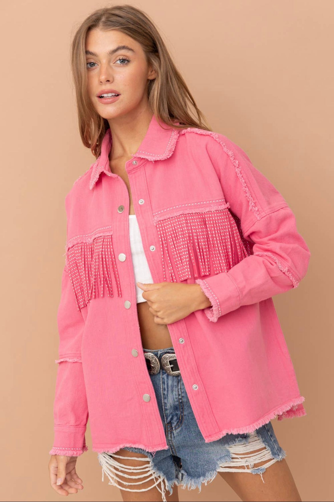 Pink Alexis Denim Fringe Studded Jacket