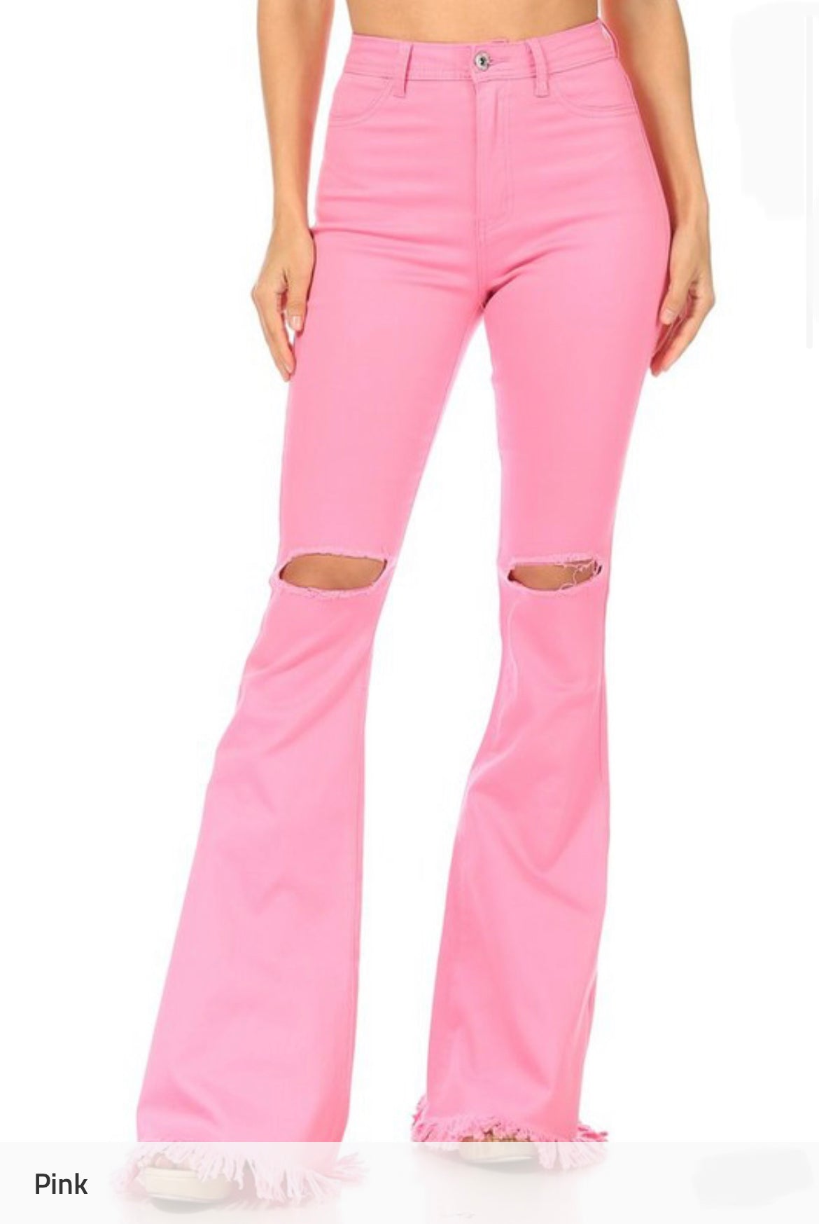 Pink High-Rise Distressed Flare Jeans