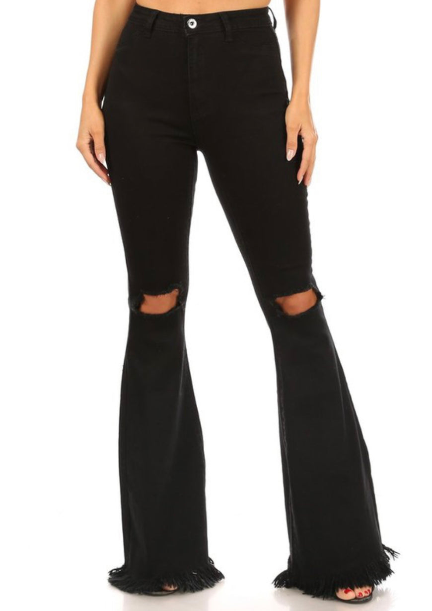 Black High-Rise Distressed Flare Jeans