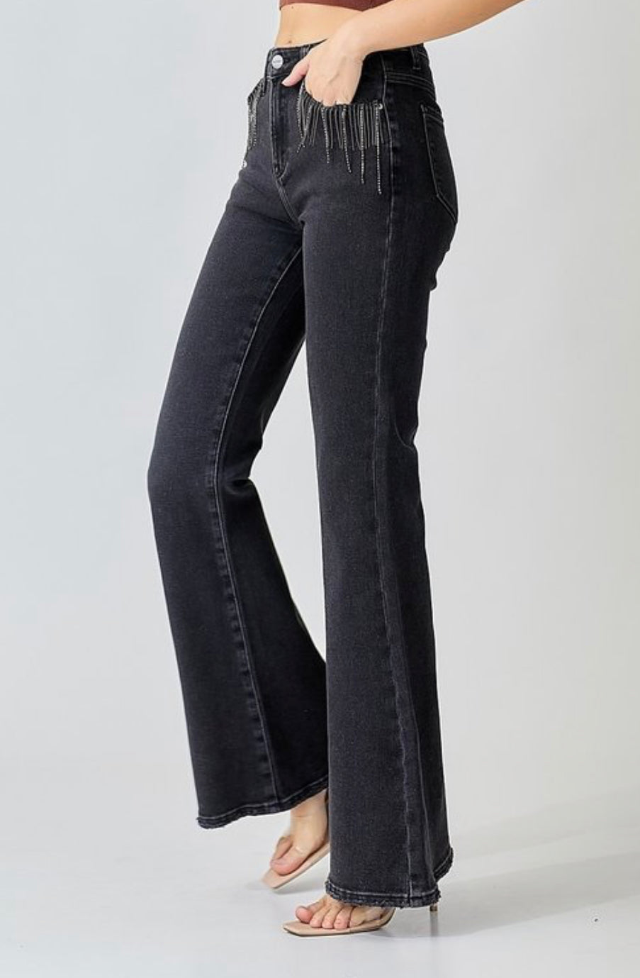Risen Dolly Black High-Rise Embellished Flare Jeans – Osage Chic