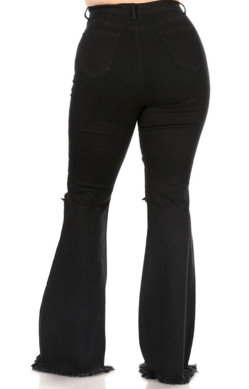Black High-Rise Distressed Flare Jeans